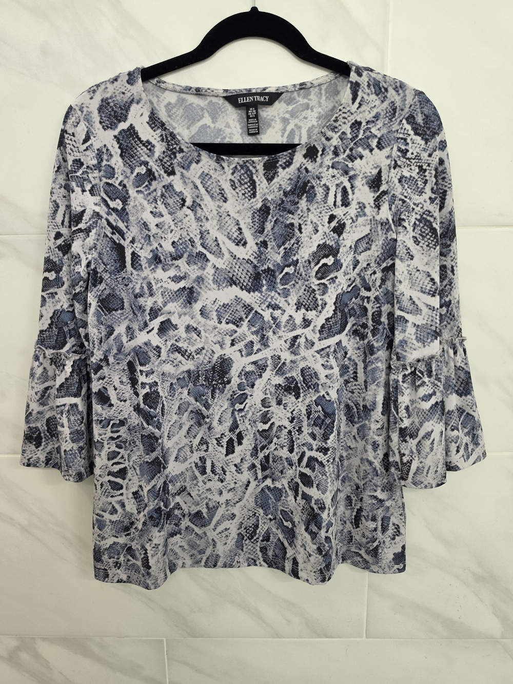 Ellen Tracy Blue Snake-Print Bell Sleeve Top
